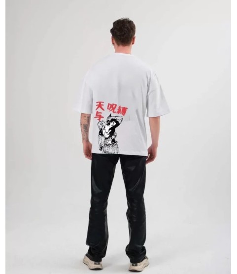 Unisex Bisiklet Yaka Baskılı Oversize T-Shirt - Beyaz