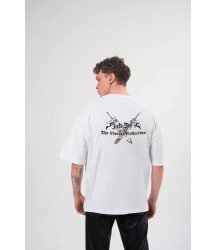 Unisex Bisiklet Yaka Baskılı Oversize T-Shirt - Beyaz