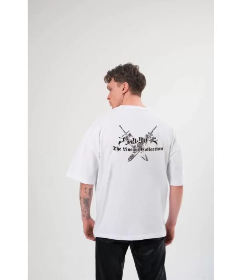 Unisex Bisiklet Yaka Baskılı Oversize T-Shirt - Beyaz