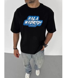 Unisex Bisiklet Yaka Baskılı Oversize T-Shirt - Siyah