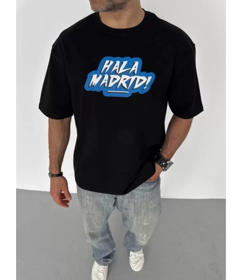 Unisex Bisiklet Yaka Baskılı Oversize T-Shirt - Siyah