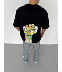 Unisex Bisiklet Yaka Baskılı Oversize T-Shirt - Siyah