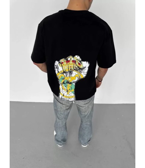 Unisex Bisiklet Yaka Baskılı Oversize T-Shirt - Siyah