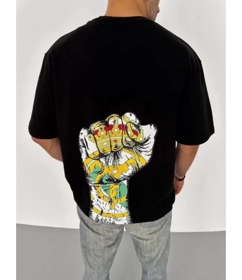 Unisex Bisiklet Yaka Baskılı Oversize T-Shirt - Siyah