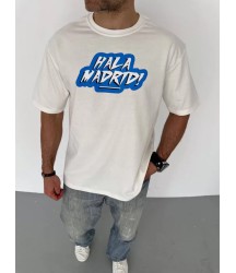 Unisex Bisiklet Yaka Baskılı Oversize T-Shirt - Beyaz