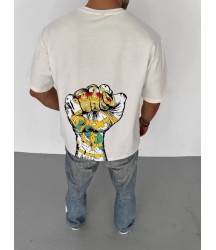 Unisex Bisiklet Yaka Baskılı Oversize T-Shirt - Beyaz