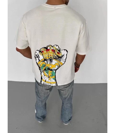 Unisex Bisiklet Yaka Baskılı Oversize T-Shirt - Beyaz