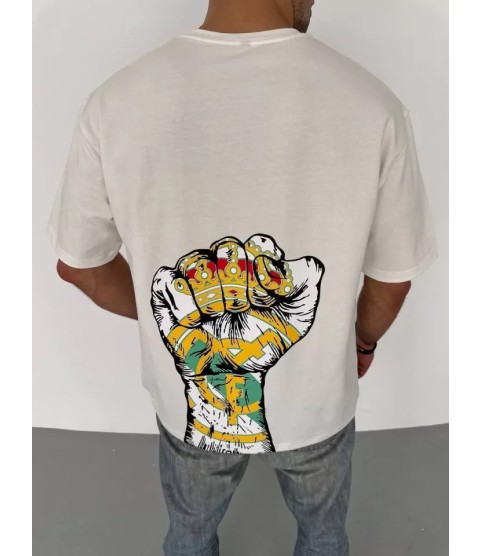 Unisex Bisiklet Yaka Baskılı Oversize T-Shirt - Beyaz