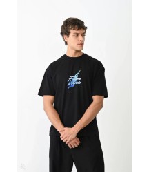 Unisex Bisiklet Yaka Baskılı Oversize T-Shirt - Siyah