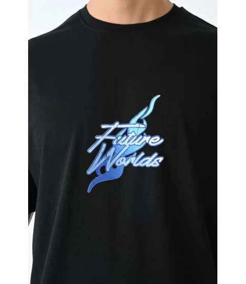 Unisex Bisiklet Yaka Baskılı Oversize T-Shirt - Siyah