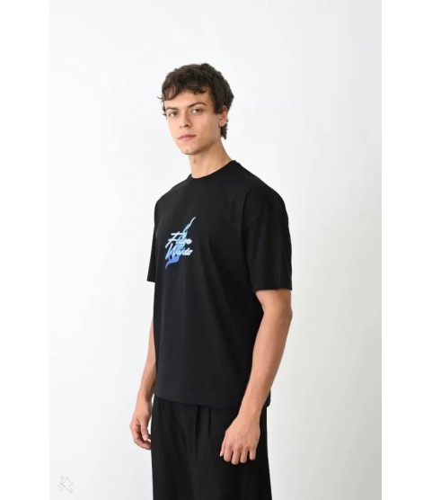 Unisex Bisiklet Yaka Baskılı Oversize T-Shirt - Siyah