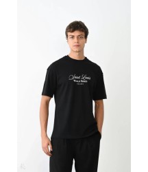 Unisex Bisiklet Yaka Baskılı Oversize T-Shirt - Siyah