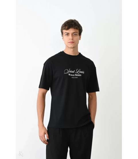 Unisex Bisiklet Yaka Baskılı Oversize T-Shirt - Siyah