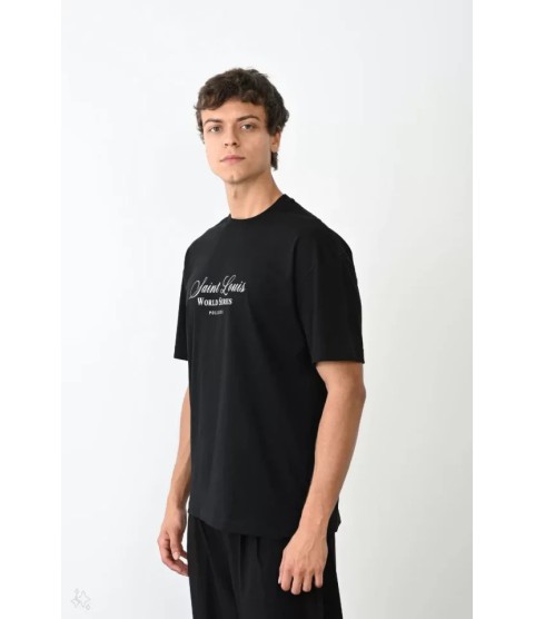 Unisex Bisiklet Yaka Baskılı Oversize T-Shirt - Siyah