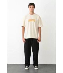 Unisex Bisiklet Yaka Baskılı Oversize T-Shirt - Beyaz