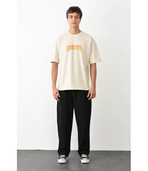 Unisex Bisiklet Yaka Baskılı Oversize T-Shirt - Beyaz