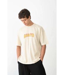 Unisex Bisiklet Yaka Baskılı Oversize T-Shirt - Beyaz