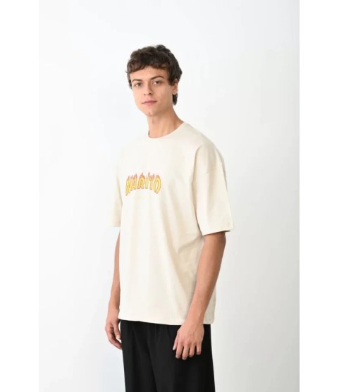 Unisex Bisiklet Yaka Baskılı Oversize T-Shirt - Beyaz