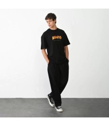 Unisex Bisiklet Yaka Baskılı Oversize T-Shirt - Siyah
