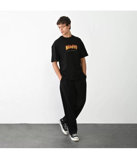 Unisex Bisiklet Yaka Baskılı Oversize T-Shirt - Siyah