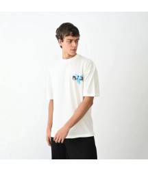Unisex Bisiklet Yaka Baskılı Oversize T-Shirt - Beyaz