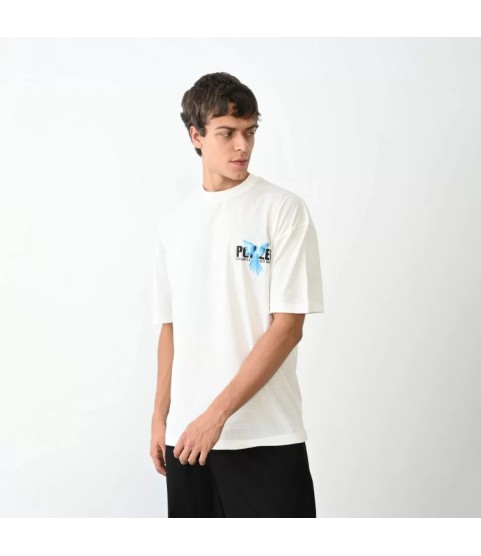 Unisex Bisiklet Yaka Baskılı Oversize T-Shirt - Beyaz