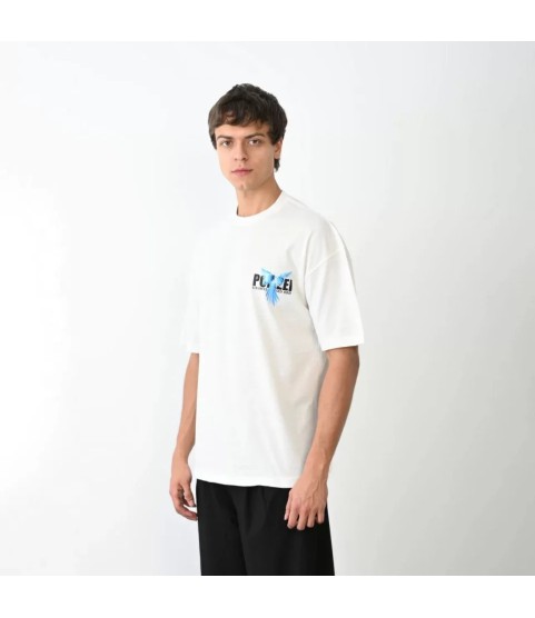 Unisex Bisiklet Yaka Baskılı Oversize T-Shirt - Beyaz