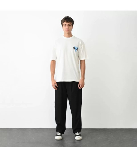Unisex Bisiklet Yaka Baskılı Oversize T-Shirt - Beyaz