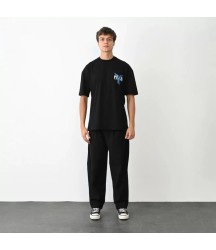 Unisex Bisiklet Yaka Baskılı Oversize T-Shirt - Siyah