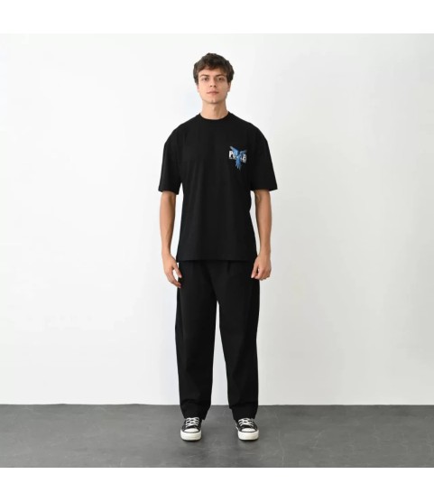 Unisex Bisiklet Yaka Baskılı Oversize T-Shirt - Siyah