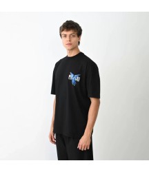 Unisex Bisiklet Yaka Baskılı Oversize T-Shirt - Siyah