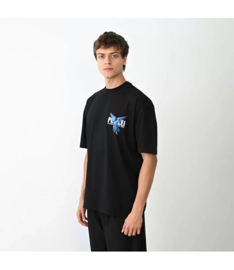 Unisex Bisiklet Yaka Baskılı Oversize T-Shirt - Siyah