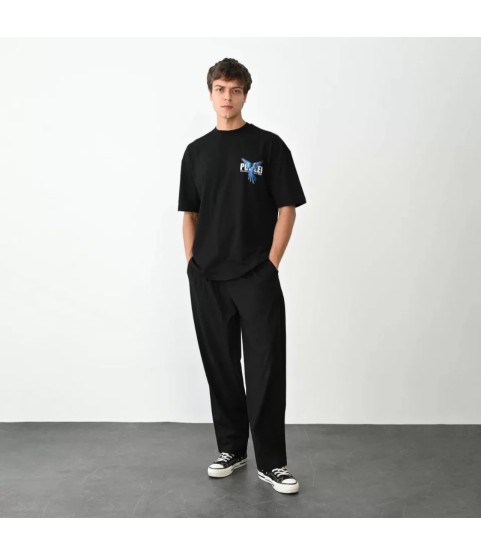 Unisex Bisiklet Yaka Baskılı Oversize T-Shirt - Siyah