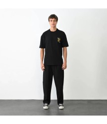 Unisex Bisiklet Yaka Baskılı Oversize T-Shirt - Siyah