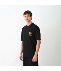 Unisex Bisiklet Yaka Baskılı Oversize T-Shirt - Siyah