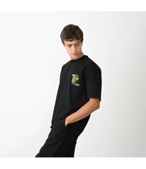 Unisex Bisiklet Yaka Baskılı Oversize T-Shirt - Siyah