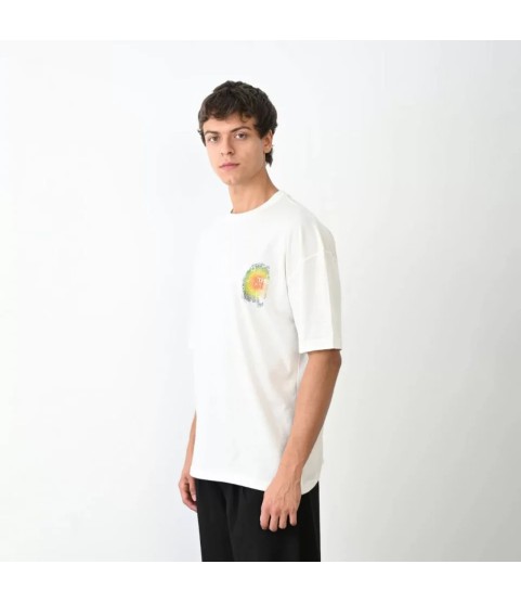 Unisex Bisiklet Yaka Baskılı Oversize T-Shirt - Beyaz