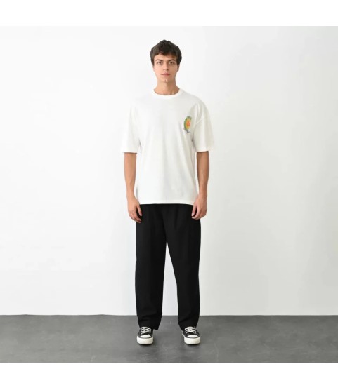 Unisex Bisiklet Yaka Baskılı Oversize T-Shirt - Beyaz