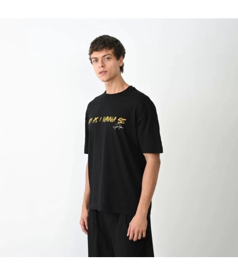 Unisex Bisiklet Yaka Baskılı Oversize T-Shirt - Siyah
