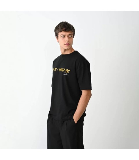 Unisex Bisiklet Yaka Baskılı Oversize T-Shirt - Siyah