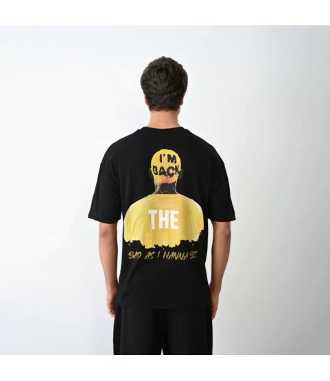 Unisex Bisiklet Yaka Baskılı Oversize T-Shirt - Siyah