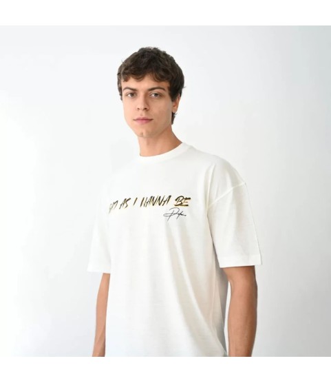 Unisex Bisiklet Yaka Baskılı Oversize T-Shirt - Beyaz