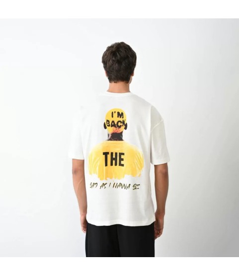 Unisex Bisiklet Yaka Baskılı Oversize T-Shirt - Beyaz