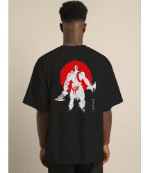 Unisex Bisiklet Yaka Baskılı Oversize T-Shirt - Siyah