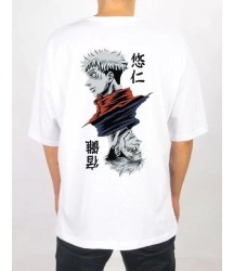 Unisex Bisiklet Yaka Baskılı Oversize T-Shirt - Beyaz