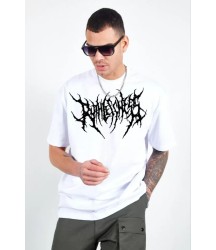 Unisex Bisiklet Yaka Baskılı Oversize T-Shirt - Beyaz