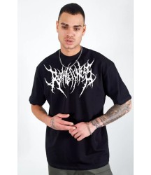 Unisex Bisiklet Yaka Baskılı Oversize T-Shirt - Siyah