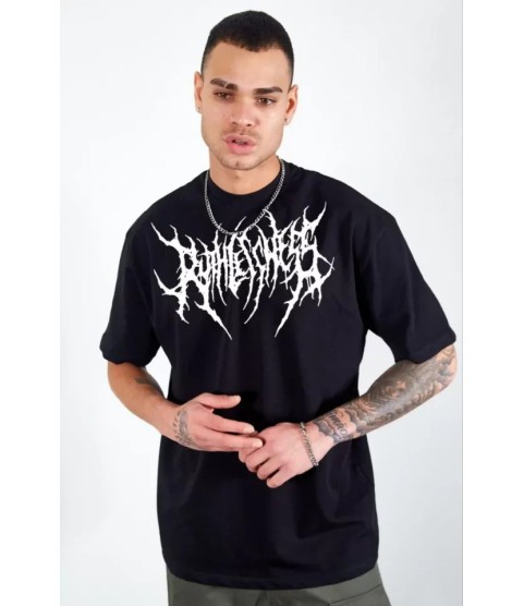 Unisex Bisiklet Yaka Baskılı Oversize T-Shirt - Siyah