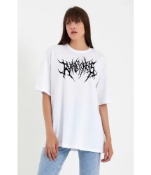 Unisex Bisiklet Yaka Baskılı Oversize T-Shirt - Beyaz