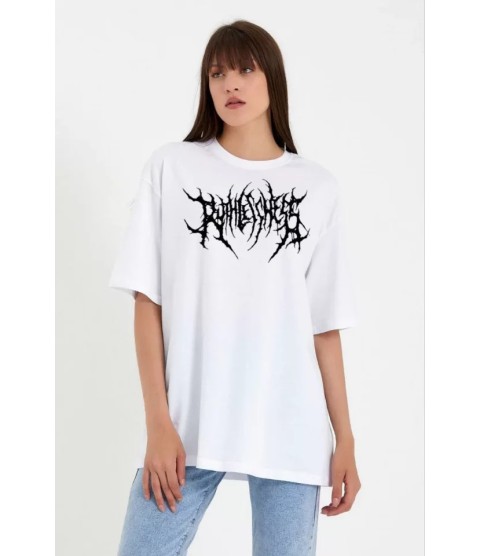 Unisex Bisiklet Yaka Baskılı Oversize T-Shirt - Beyaz